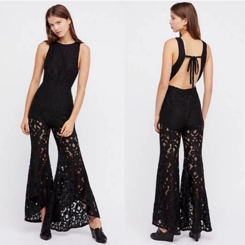 Free People Rise & Shine Black Lace Jumsuit Bell Bottom Flare Leg 2 Open Back - Picture 1 of 8